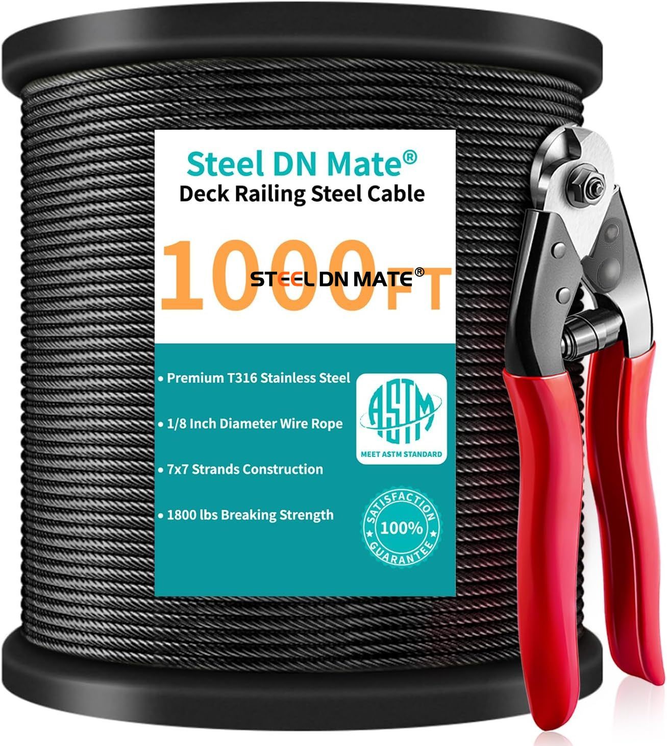 Steel DN Mate Black Wire Rope 1/8" T316 Marine Grade Stainless Steel Cable 7 × 7 Strands for Stair Fence Deck Cable Railing System, with Wire Cutter