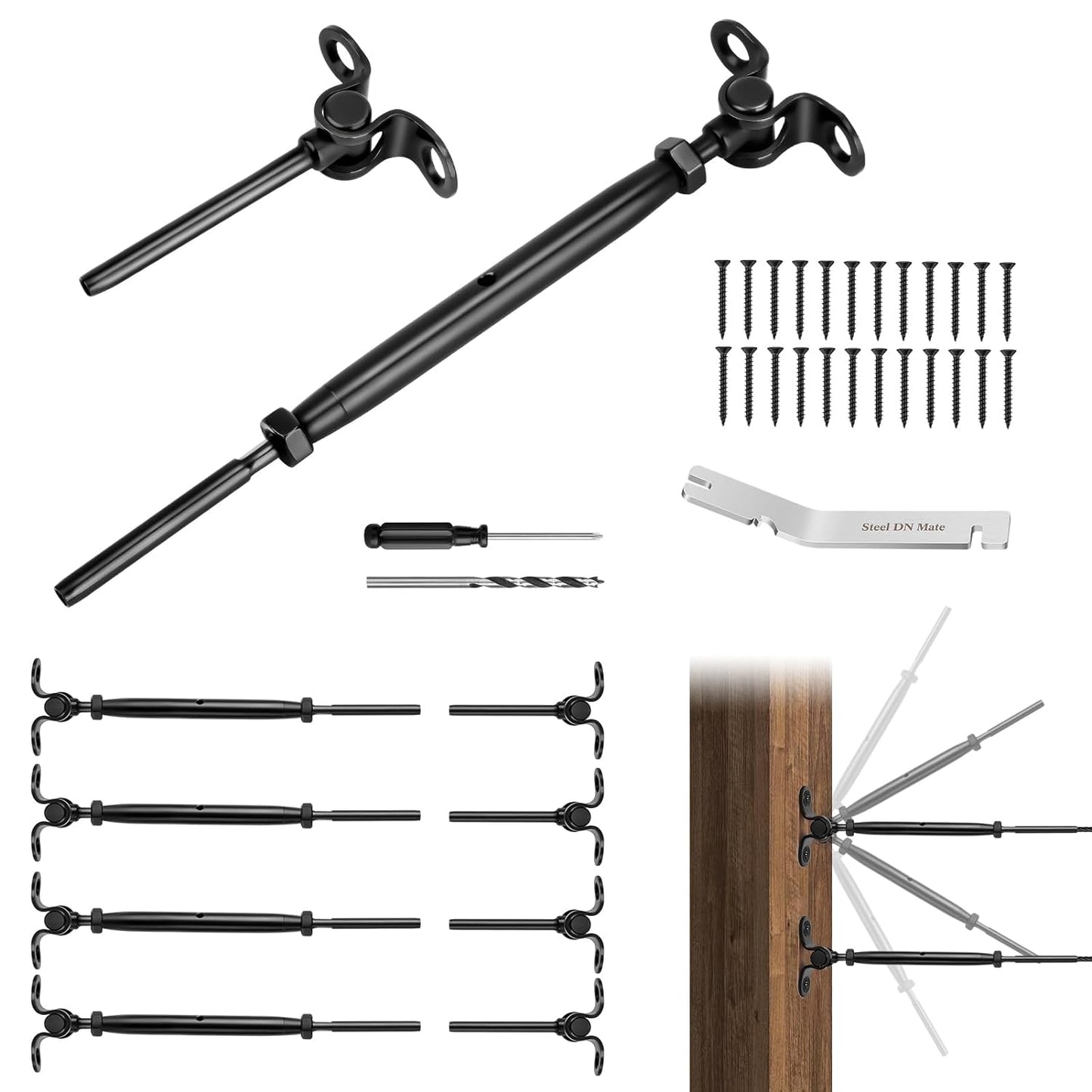 Steel DN Mate 20 Sets Cable Railing Kit Fit for 1/8" Steel Cable, Swage Toggle Turnbuckle & End Fitting, Angle 180°Adjustable Deck Cable Railing Hardware for Wood Post,316 Stainless Steel Marine Grade