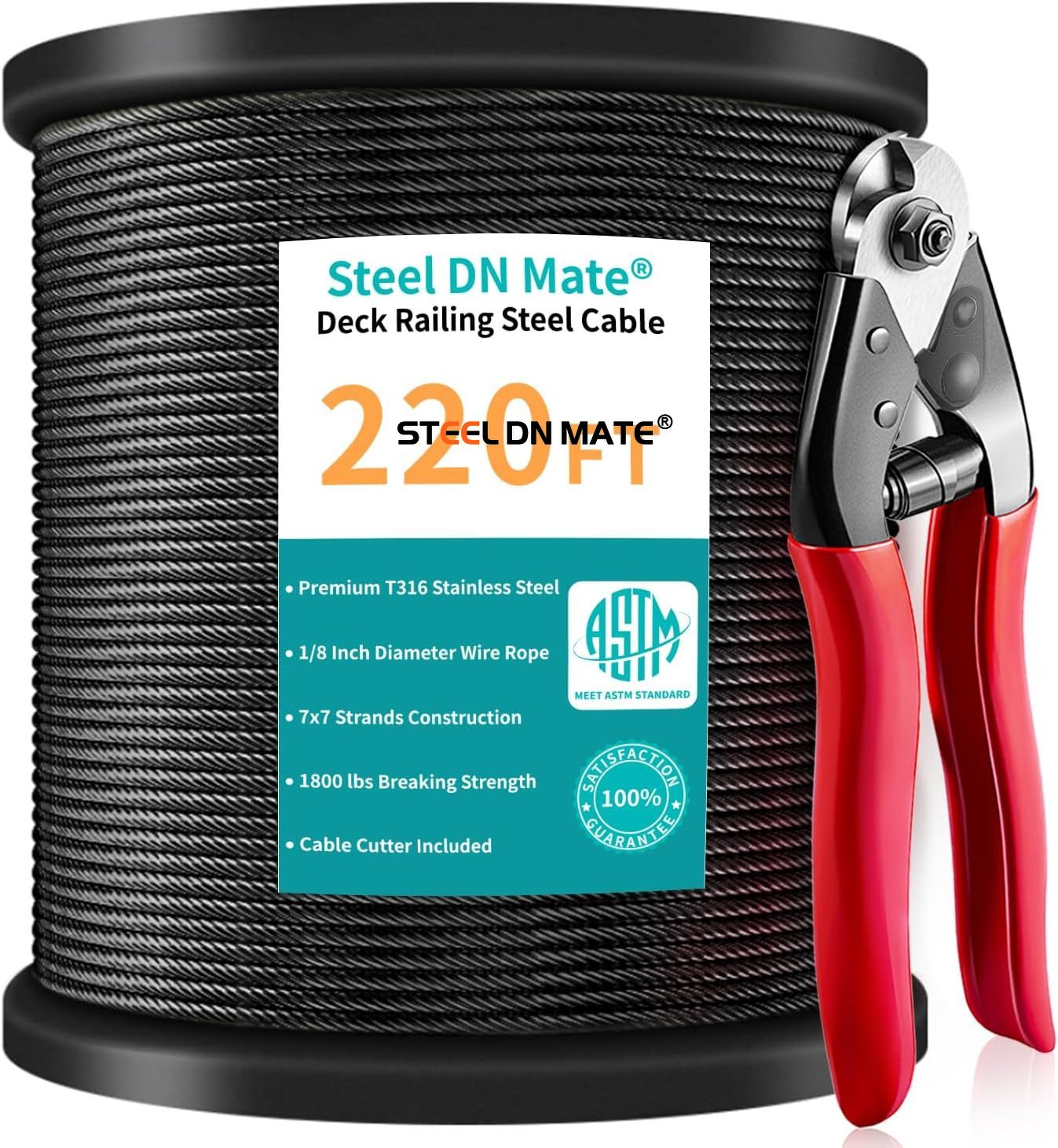 Steel DN Mate Black Wire Rope 1/8" T316 Marine Grade Stainless Steel Cable 7 × 7 Strands for Stair Fence Deck Cable Railing System, with Wire Cutter