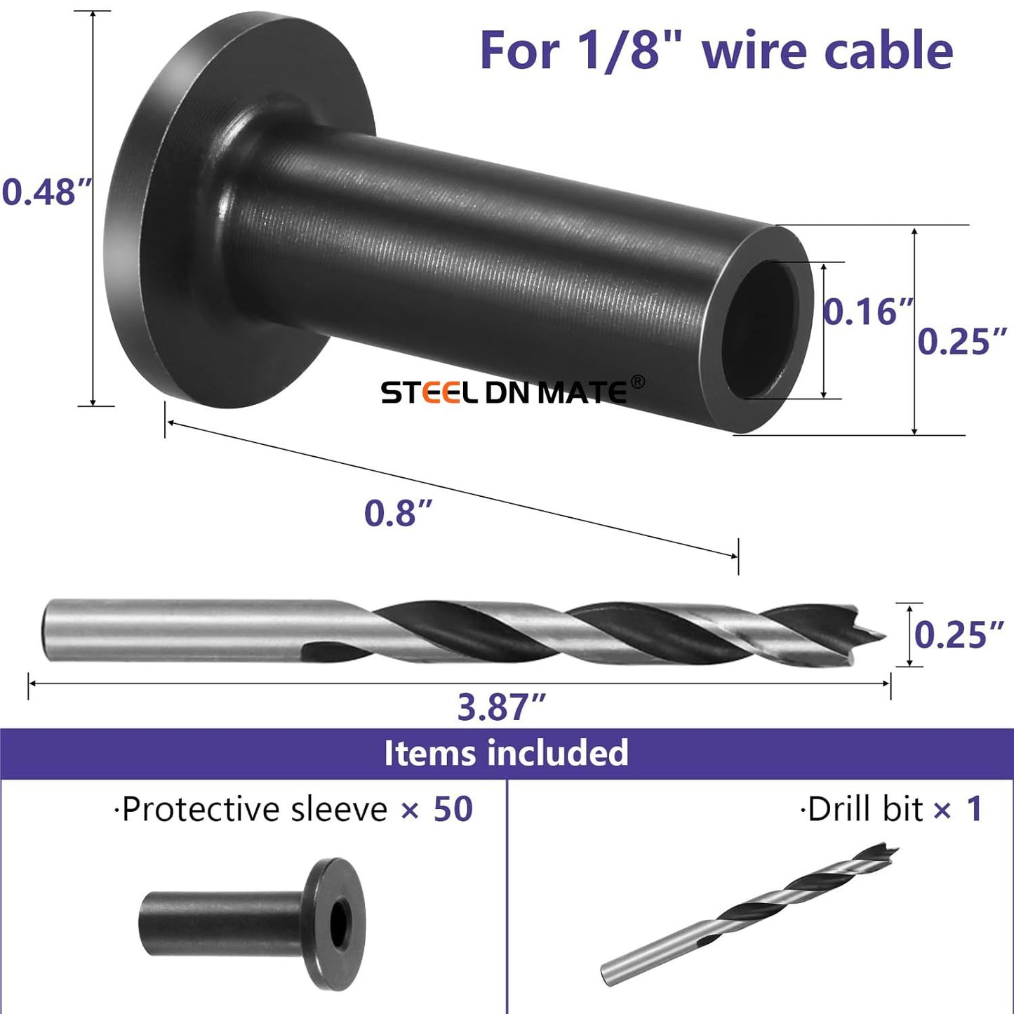 Steel DN Mate 50 Pack Black Cable Railing Protector Sleeves 1/8 for Wire Rope Cable, T316 Protective Sleeves for Wood Post, T316 Stainless Steel Marine Grade, DB58