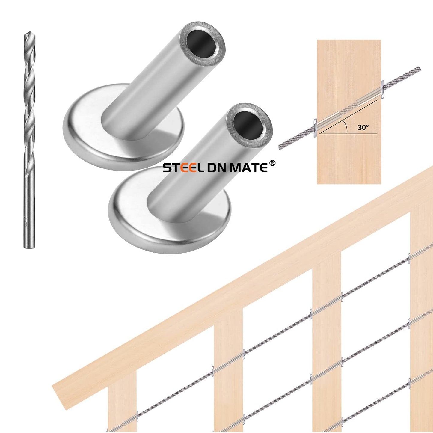 Steel DN Mate 30 Pack T316 Stainless Steel Cable Protector 45 Degree Angle Beveled Protector Sleeves, Protector Sleeve for 1/8 Cable Railing Hardware with a Drill Bit, Stair Railing Kit for Wood Post