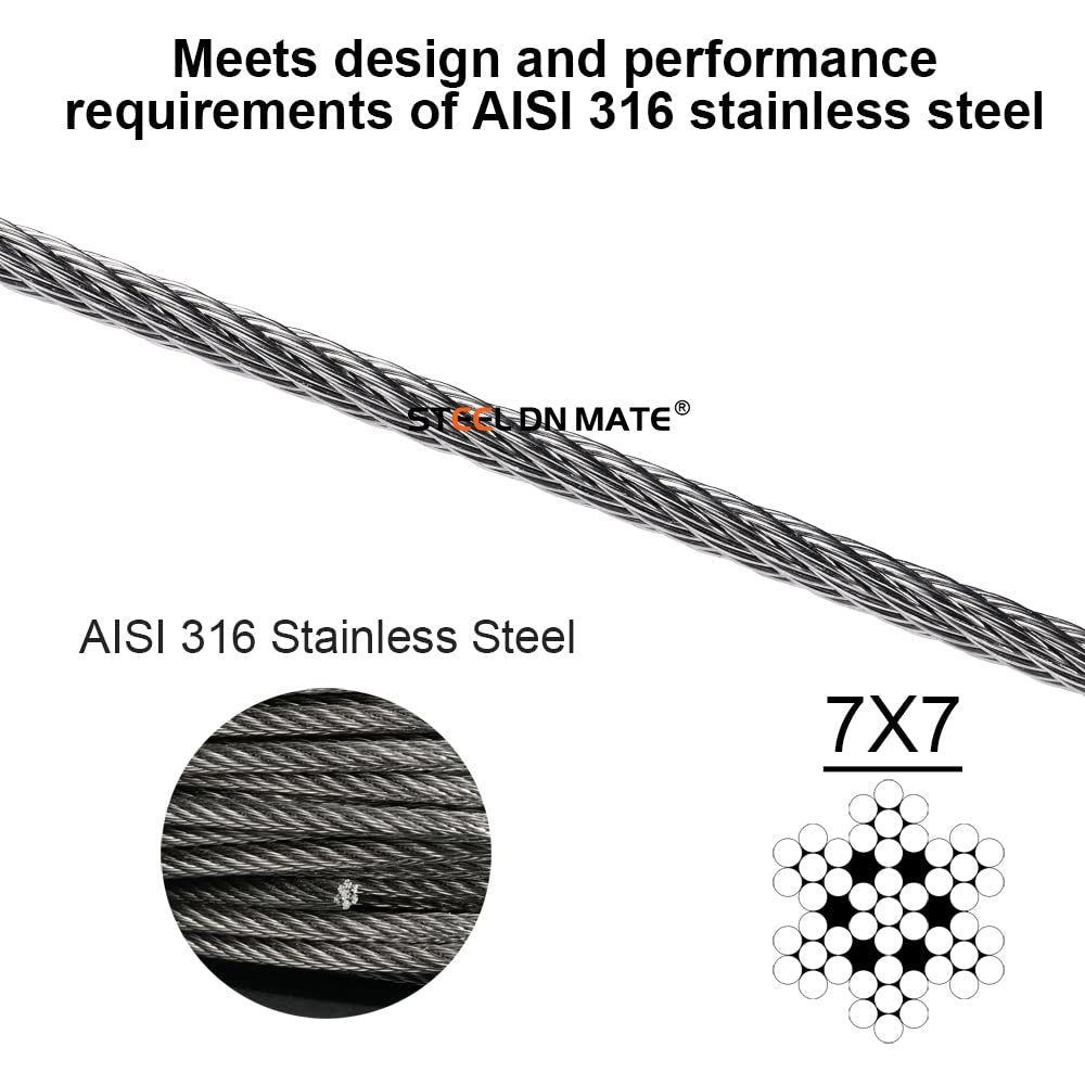 Steel DN Mate 1/8" Stainless Steel Cable for Deck Cable Railing System, 100FT T304 Stainless Steel Wire, 1800 lb Breaking Strength, 7x7 Strands Construction Stair Railing Kit, DIY Balustrade