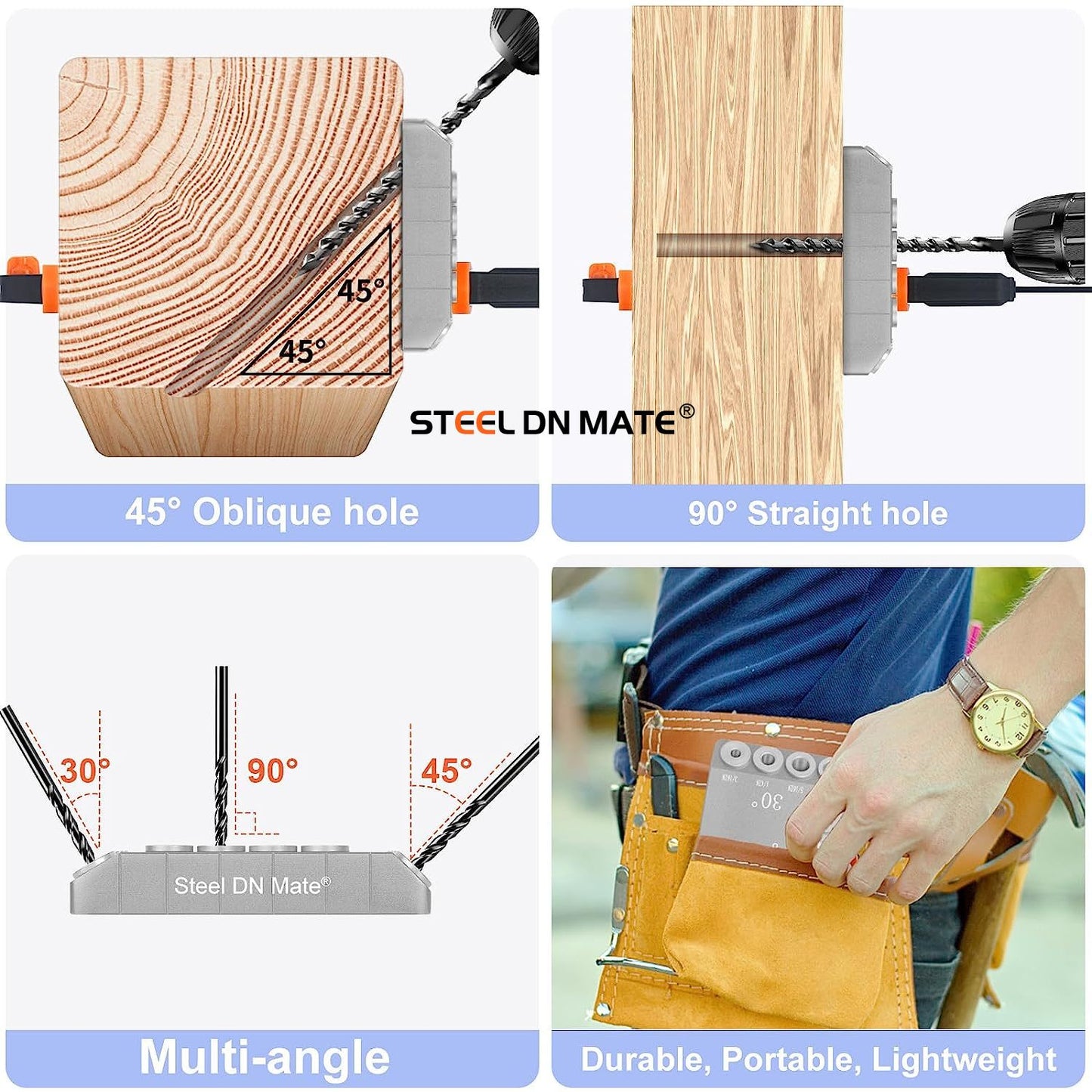 Steel DN Mate 30 45 90 Degree Angle 4 Sizes Drill Hole Guide Jig for Angled and Straight Hole, Portable Deck Cable Railing Lag Screw Drilling Template Block for Horizontal Cable Wood Post Silver