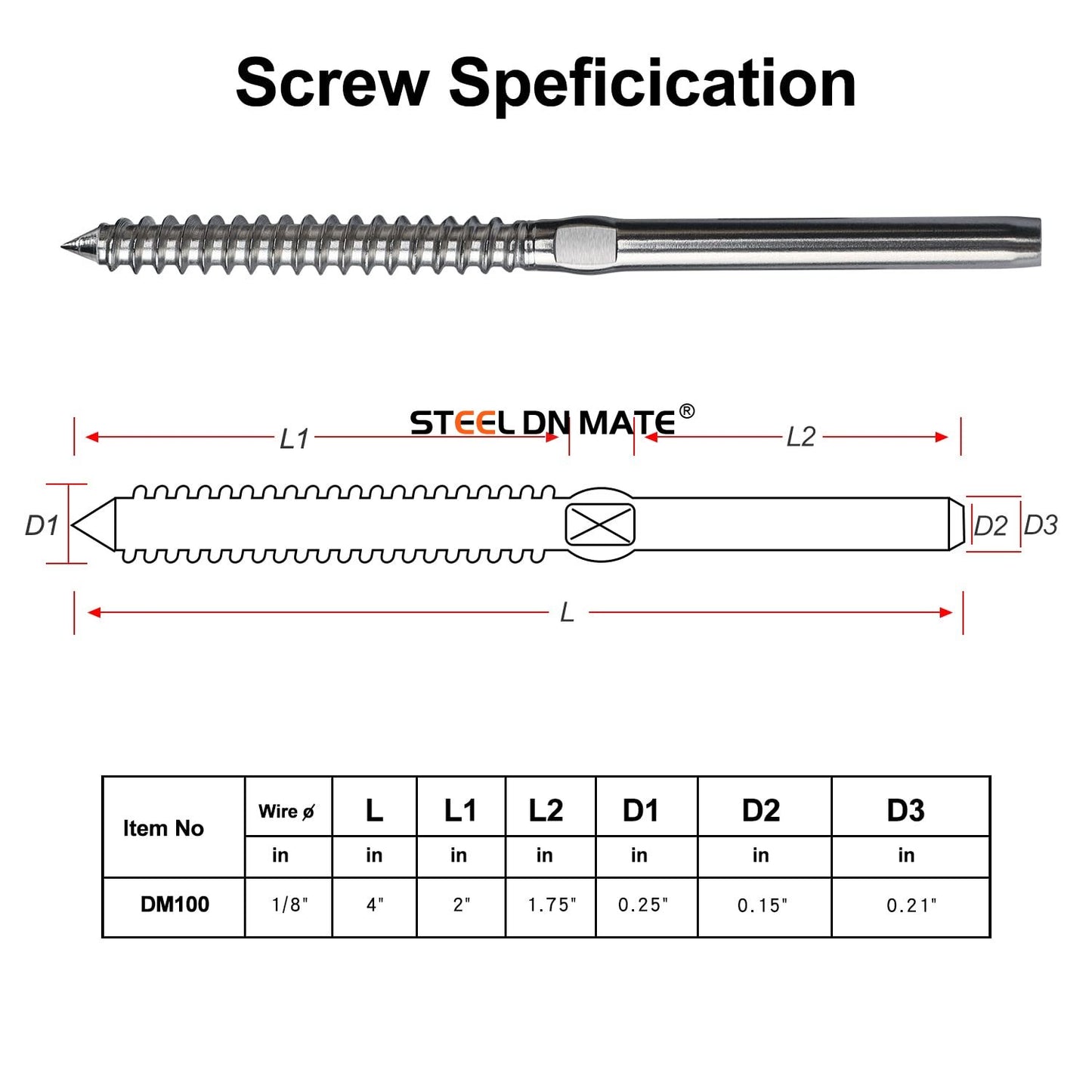 Steel DN Mate 120 Pack T316 Stainless Steel Left&Right Handed Thread Swage Lag Screws for Wood Post of 1/8" Deck Railing Kit, Cable Railing Hardware, DIY Baluster Hardware, Wrench Included DM60
