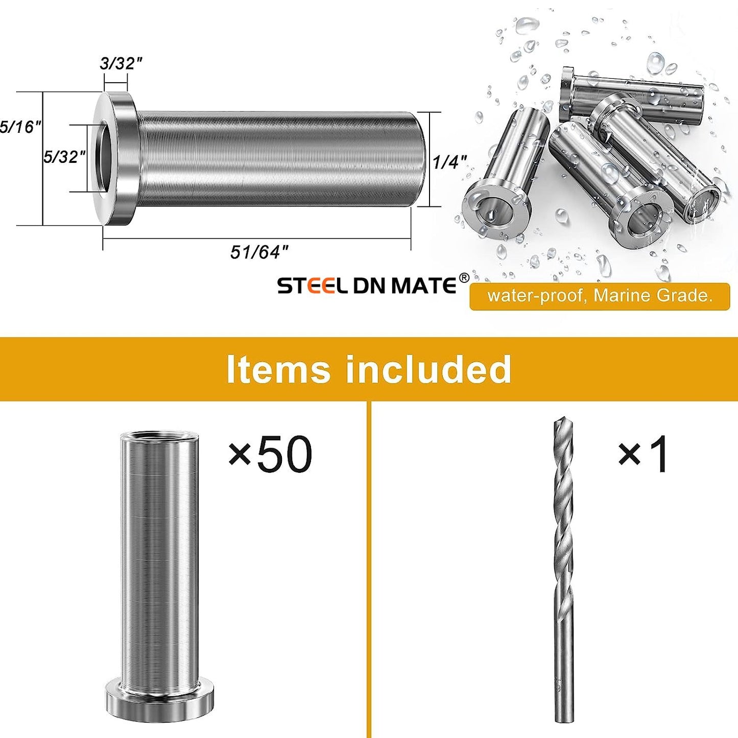 Steel DN Mate 50 Packs Stainless Steel Protector Sleeves for 1/8" Deck Cable Railing, for Wood/Composite Posts, T316 Marine Grade, Cable Railing Protector Sleeves DP05