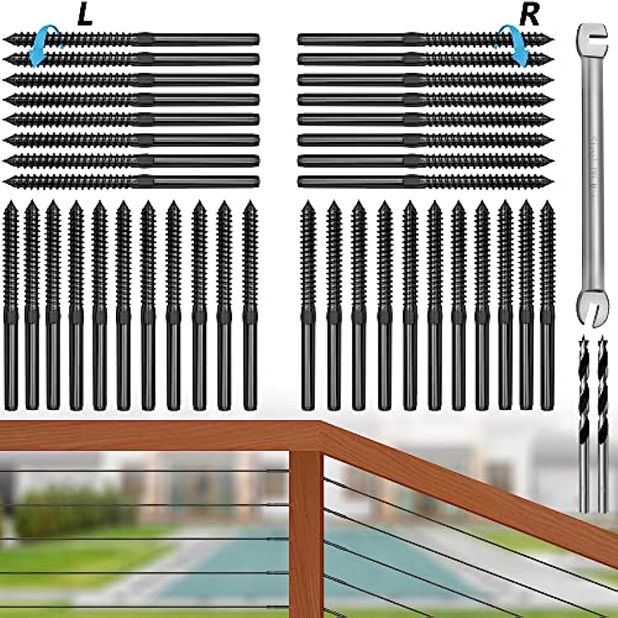 Steel DN Mate T316 Stainless Steel Left&Right Handed Thread Swage Lag Screws for Wood Post of 1/8" Deck Cable Railing Kit,120 Packs Black Stair Railing Kit, DIY Baluster Hardware, Wrench Included