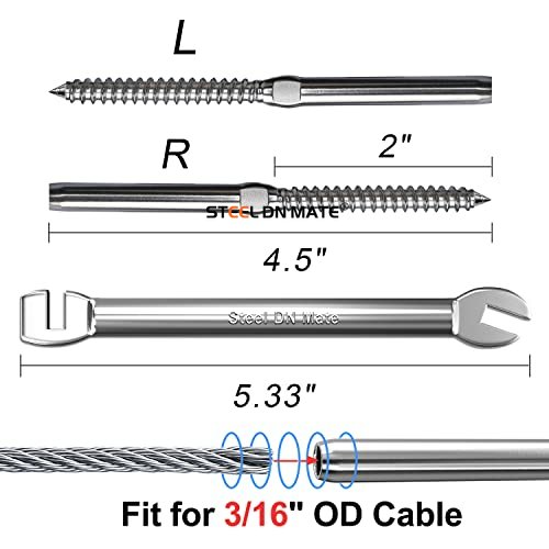 Steel DN Mate 3/16" Swage Lag Screws, T316 Stainless Steel Left & Right Handed Thread, 3/16" Cable Railing Kit for Wood Post, Deck Railing/Stair Railing, DIY Baluster Cable Railing Hardware
