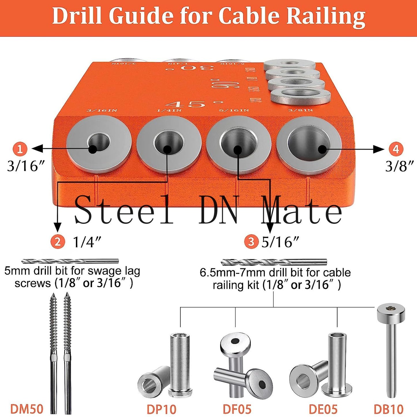 Steel DN Mate 30 45 90 Degree Angle 4 Sizes Drill Hole Guide Jig for Angled and Straight Hole, Portable Deck Cable Railing Lag Screw Drilling Template Block For Horizontal Cable Wood Post Orange