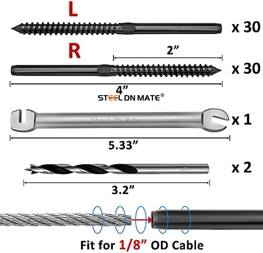 Steel DN Mate 60 Packs Black T316 Stainless Steel Left&Right Handed Thread Swage Lag Screws for Wood Post of 1/8" Cable Railing Kit, Deck Railing/Stair Railing, DIY Baluster Hardware, Wrench Included