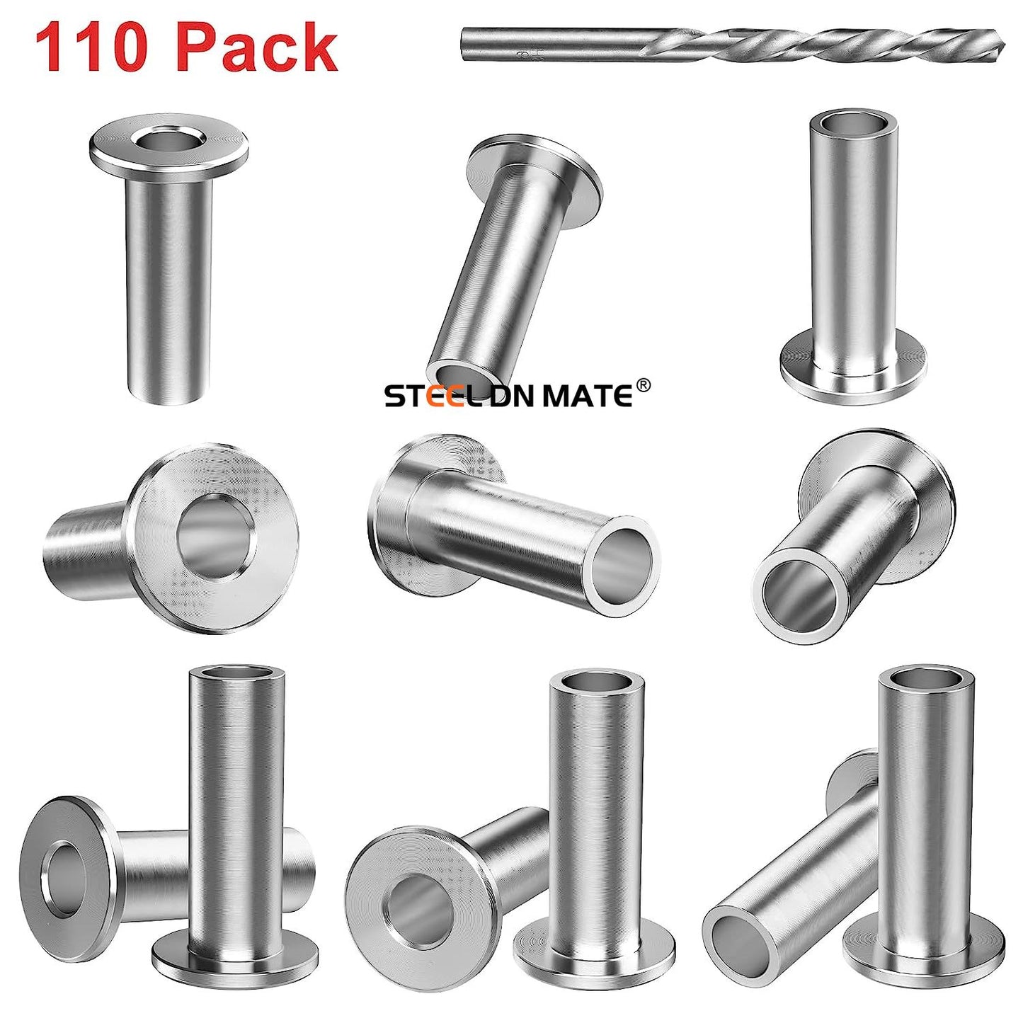 Steel DN Mate 110 Pack T316 Stainless Steel Protector Sleeves for 1/8" Cable Railing, Cable Protector Sleeves for Cable Railing System, Deck Railing Hardware with a Drill Bit DE11