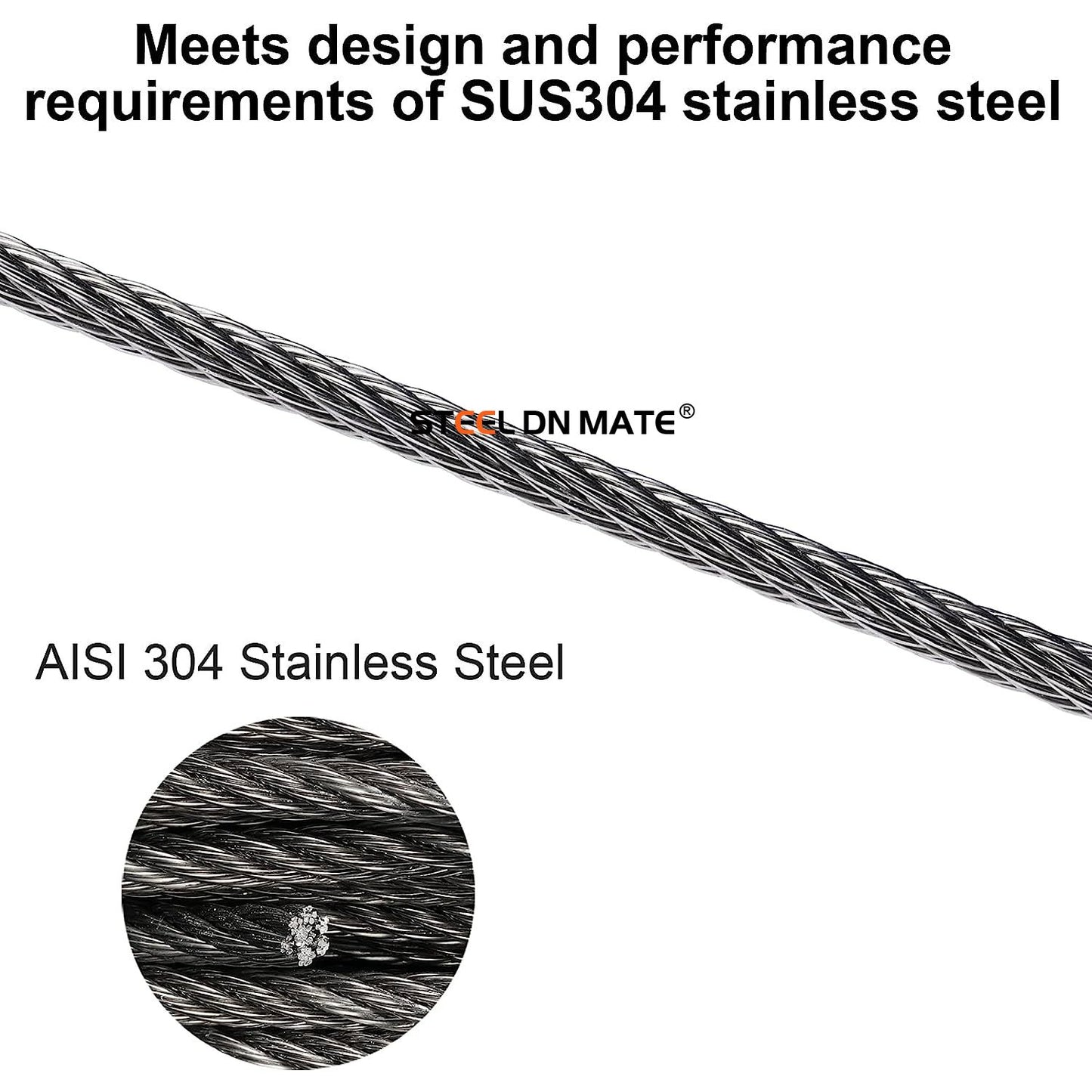 Steel DN Mate 220 Feet 1/8" Stainless Steel Aircraft Wire Rope for Cable Railing Kit Stair Railing, DIY Balustrade, 1800 lb Breaking Strength, 304 Stainless Steel Deck Railing Wire with Cutter