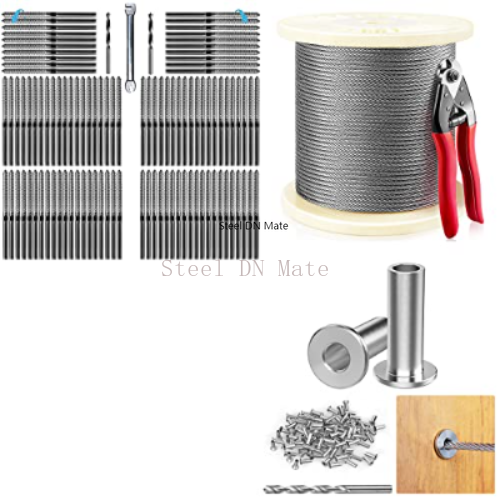 Steel DN Mate 100 Packs T316 Stainless Steel Right&Left Handed Thread Swage Lag Screws with 50 Pcs Protector Sleeves and 1/8" 550 ft Steel Cable for Deck Railing Kit