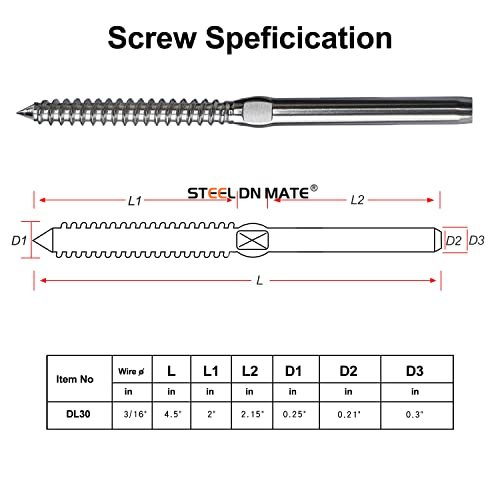 Steel DN Mate 3/16" Swage Lag Screws, T316 Stainless Steel Left & Right Handed Thread, 3/16" Cable Railing Kit for Wood Post, Deck Railing/Stair Railing, DIY Baluster Cable Railing Hardware