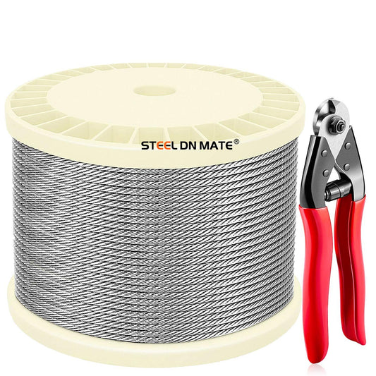 Steel DN Mate 220 Feet 1/8" Stainless Steel Aircraft Wire Rope for Cable Railing Kit Stair Railing, DIY Balustrade, 1800 lb Breaking Strength, 304 Stainless Steel Deck Railing Wire with Cutter