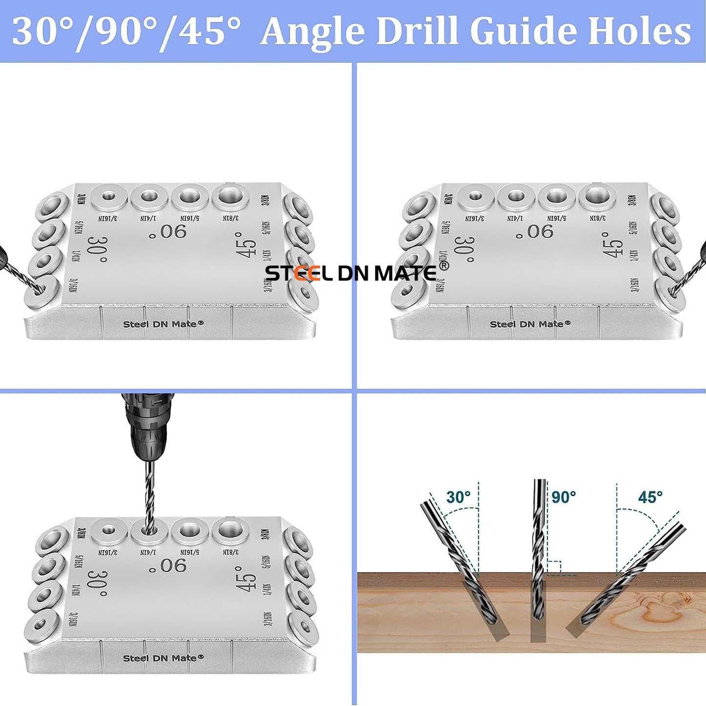 Steel DN Mate 30 45 90 Degree Angle 4 Sizes Drill Hole Guide Jig for Angled and Straight Hole, Portable Deck Cable Railing Lag Screw Drilling Template Block for Horizontal Cable Wood Post Silver